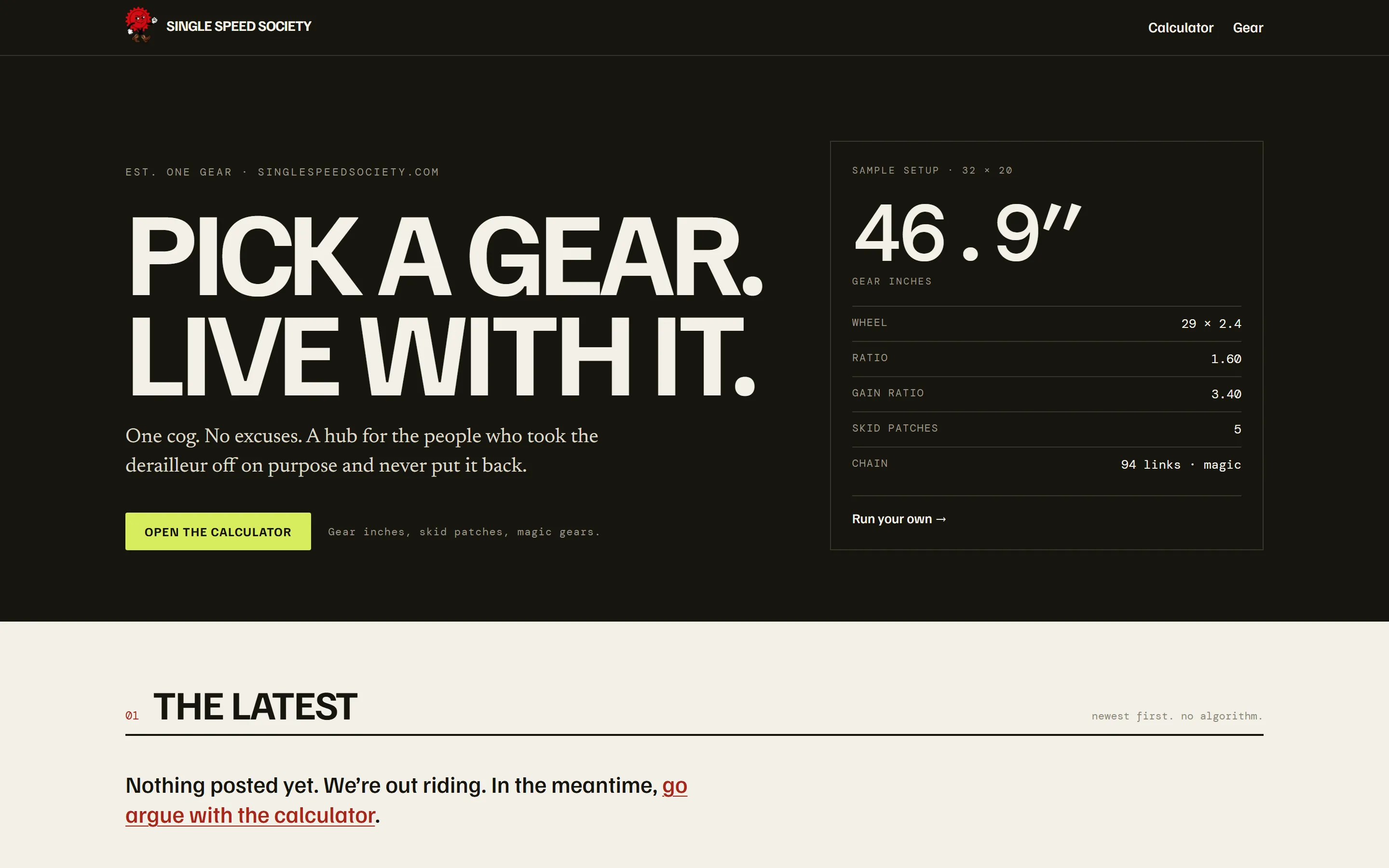 Single Speed Society homepage: the headline "Pick a gear. Live with it." beside a sample setup reading 46.9 gear inches.